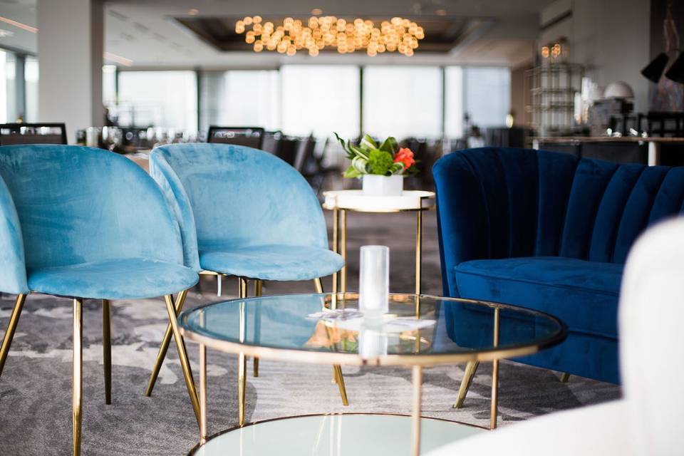 Blue chairs and gold accents