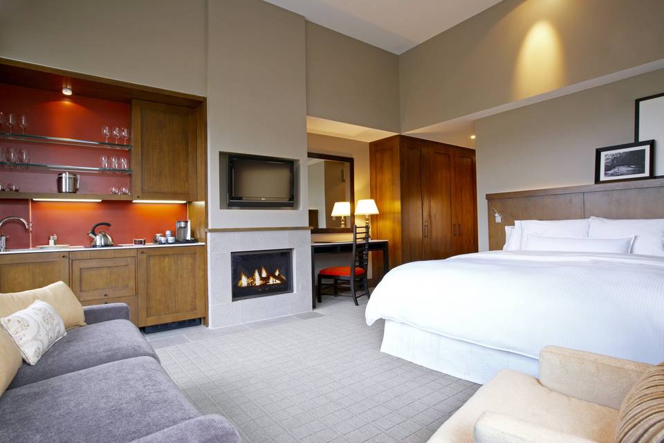Each of the luxury suites at The Westin Riverfront offers a fire place and custom kitchen.