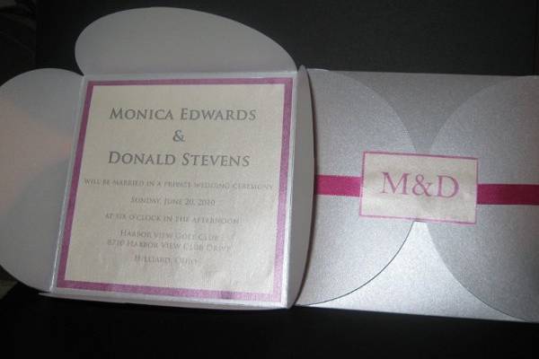 6 x 6 metallic rose pink and silver petalfold invitation.