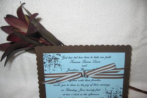 7 x 5 Chocolate Brown and Baby Blue with striped bow layered invitation.
