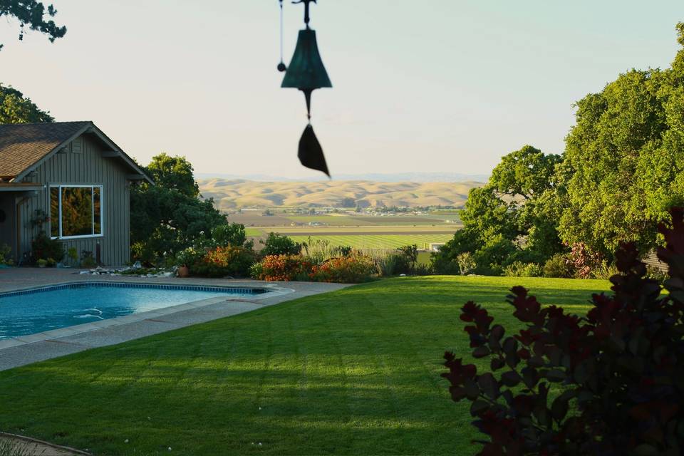 Lawn and pool with windchime