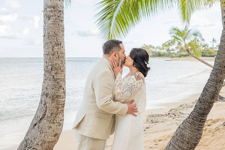 Newlyweds on beach