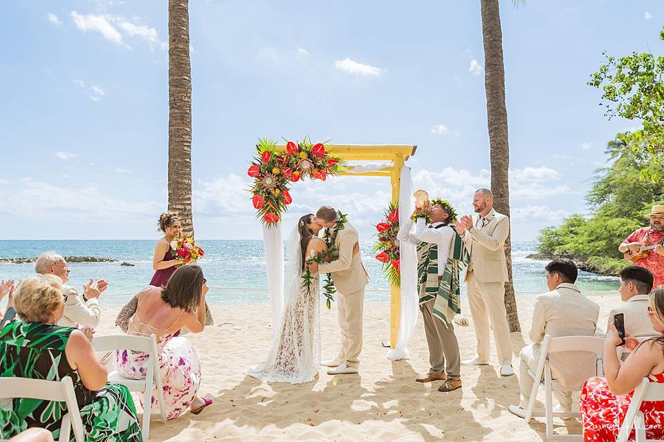 Newlyweds on beach