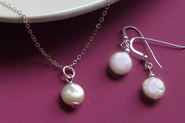 Sterling Silver Coin Pearl Earrings and Necklace set