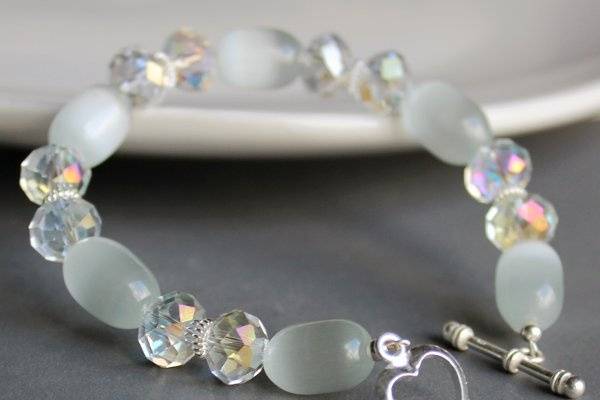Sterling Silver Jewelry Bracelet - Swarovski Crystals and Moonstones - Sterling Silver Heart Toggle Clasp