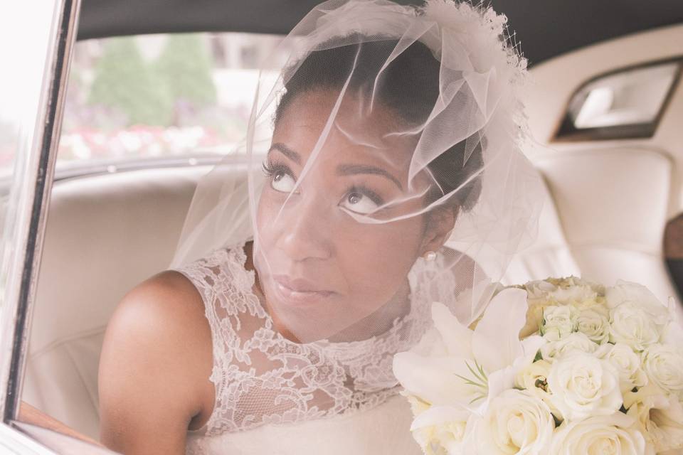 Bride looking through her veil