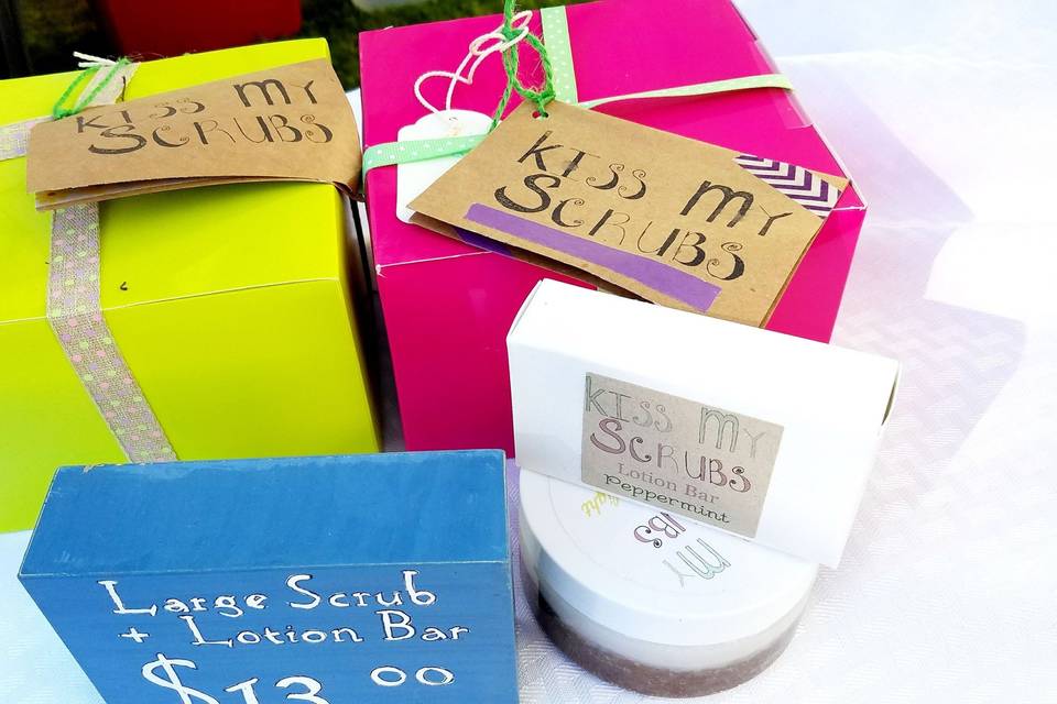 Gift combinations include 2 large scrubs and a lotion bar, 2 large scrubs, 4 small scrubs and a lotion bar, 2 scrubs (one large and one small) and a lotion bar, and a large scrub and lotion bar. Gift boxes are brightly colored and are 6x6x6. Each comes with a ribbon, tag, and ingredients list for the recipient. I will customize it for your wedding or shower needs. Contact me and we can discuss what you are looking for (label, scent, wording). I'm always up for a challenge!