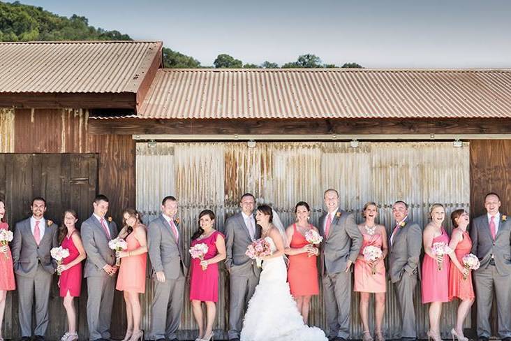 The couple with the bridesmaids and groomsmen