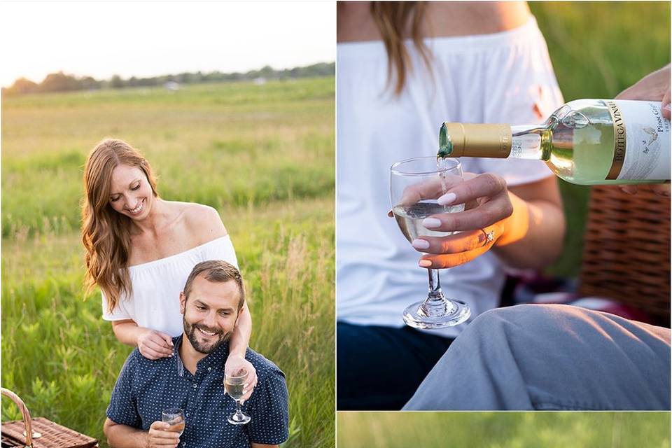 Engagement session with wine
