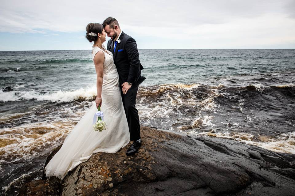 Bride and groom with waves