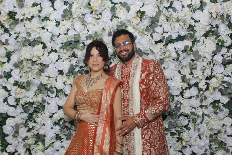 Wedding portrait, floral wall