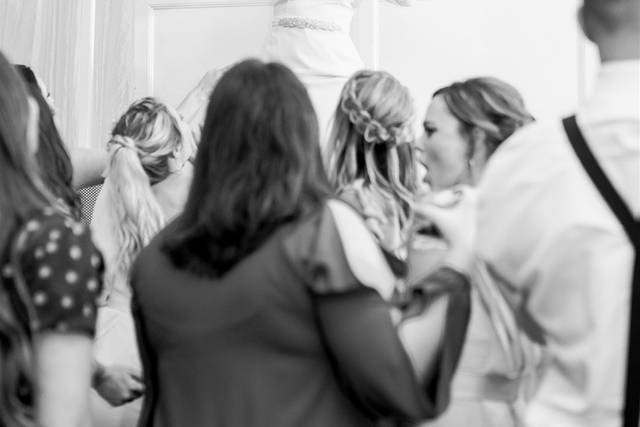 Bride on stage with DJ Cory
