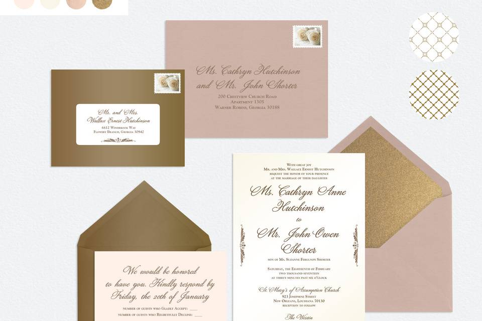 A classic, traditional wedding invitation suite featuring a rose gold color scheme, with antique gold envelope liners, white gold paper stock and a touch of class everywhere you look.