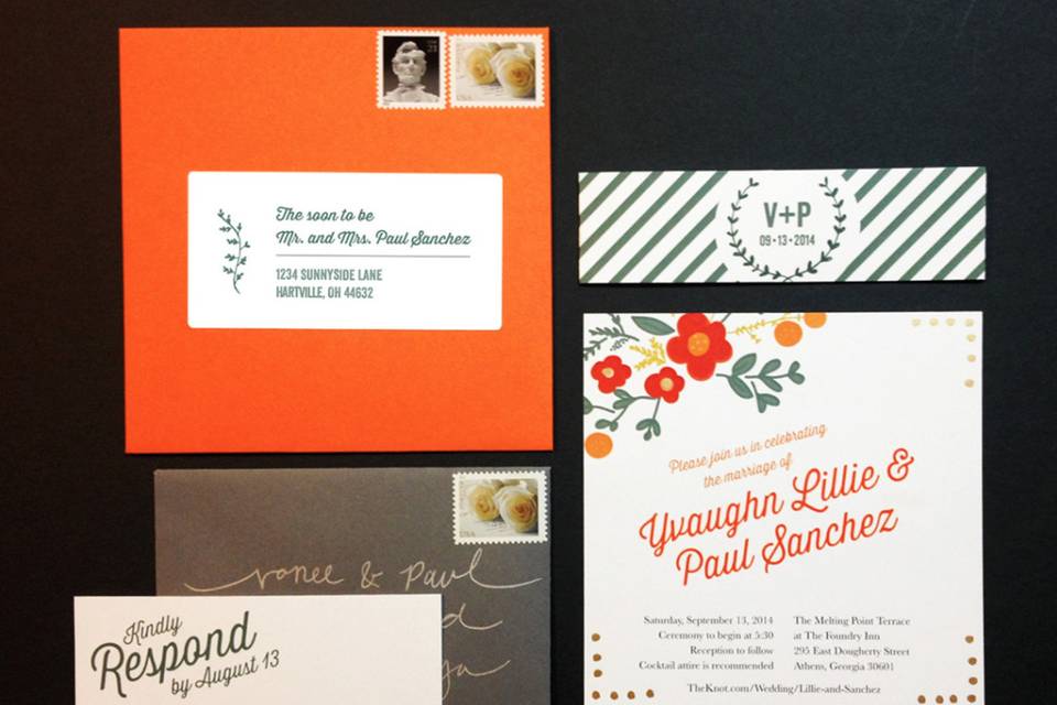 A romantic, bohemian chic wedding invitation suite featuring an orange, green, gray and white color scheme. This design features eucalyptus, wreaths and hints of gold, making it the perfect invitation for a casual cocktail party.