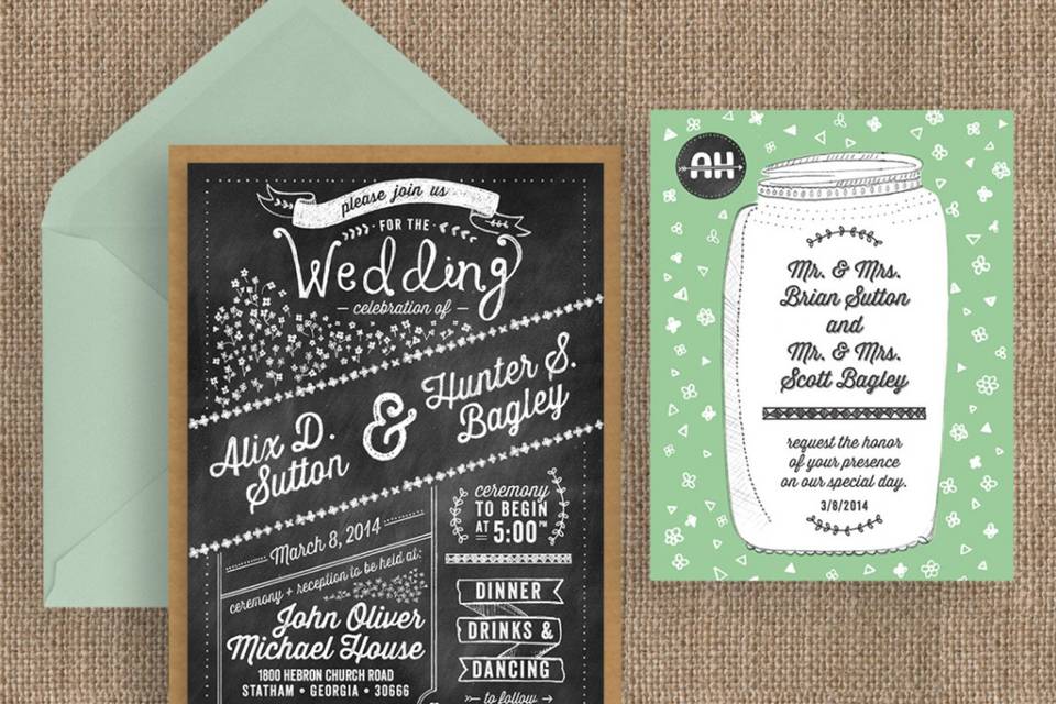 A rustic chalkboard style wedding invitation suite featuring a mason jar illustration, kraft cardboard backing and tons of hand-lettering detail, giving it a natural shabby chic look and feel.
