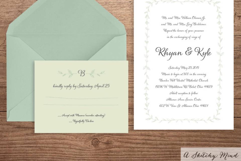 This Classic Bohemian Chic Wedding Invitation Suite features a simple mix of spring greens and eco-friendly textured card stocks.