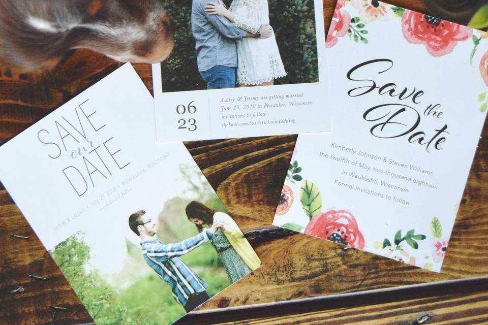 Variety of custom designed save-the-dates.