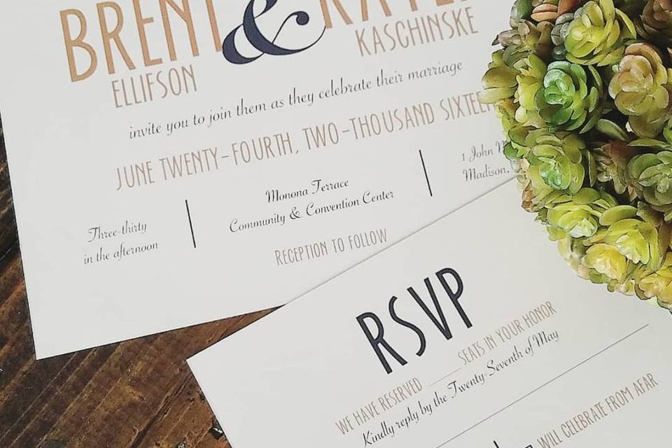 Custom designed wedding invitation and RSVP card.