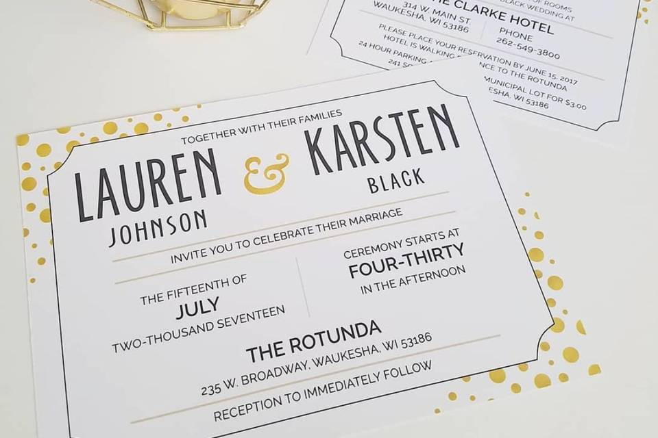 Custom designed modern wedding invitation and accommodations card.