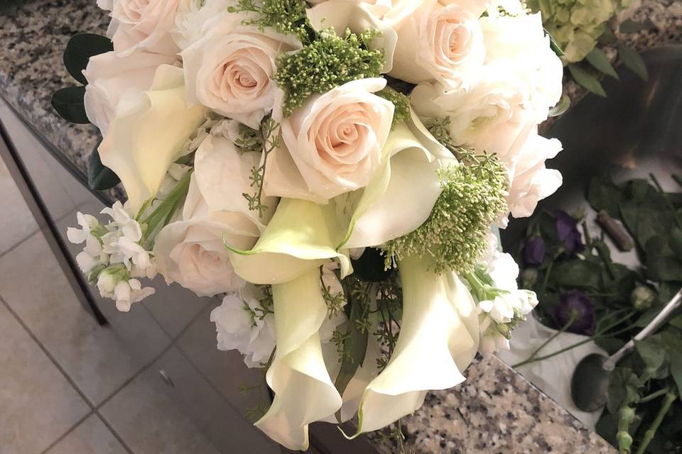 cascading all white bridal bouquet