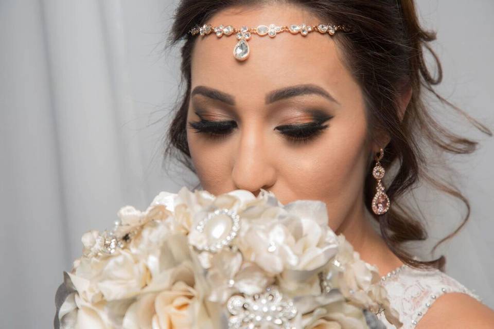 Bridal makeup and headpiece