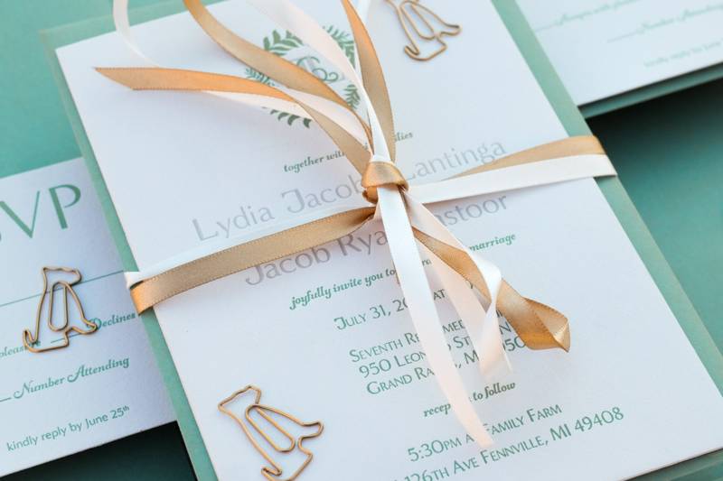 Sage invitations gold ribbon