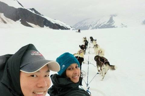 Honeymoon to Alaska.  Dog sledding was a must!