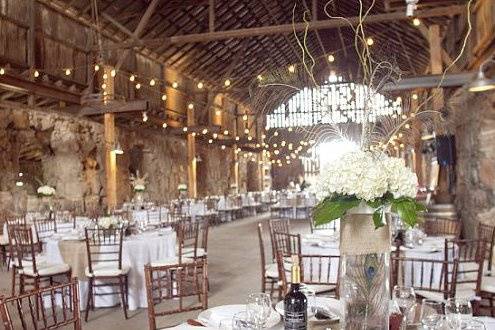 White Hydrangeas with peacock feathers