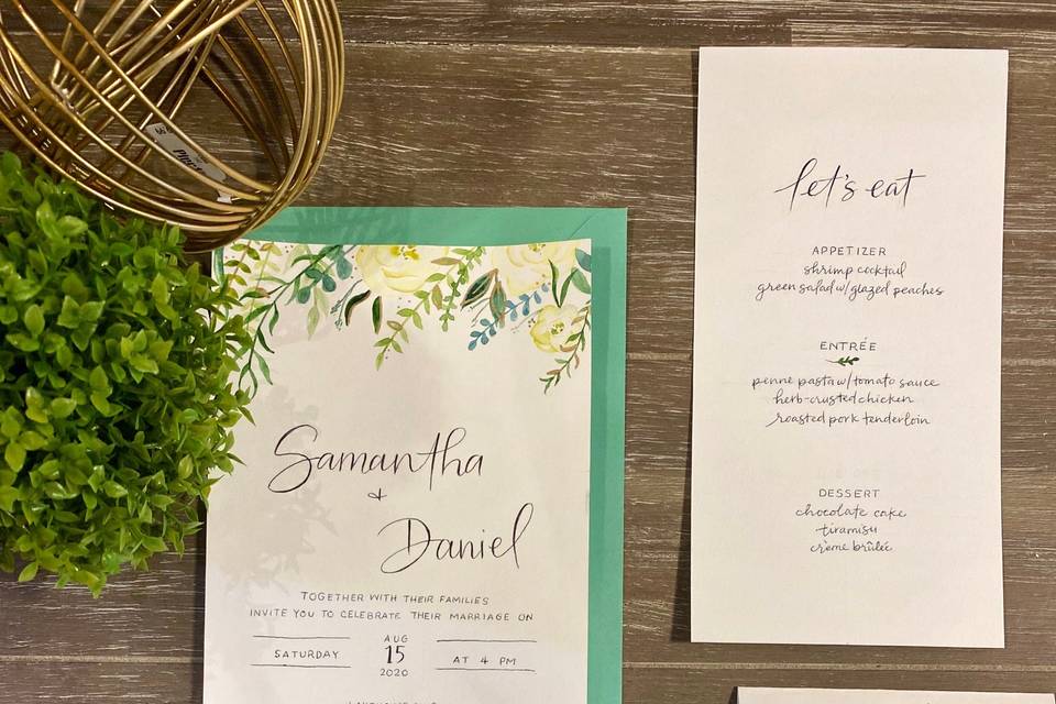 Invitations, menu, and escort card