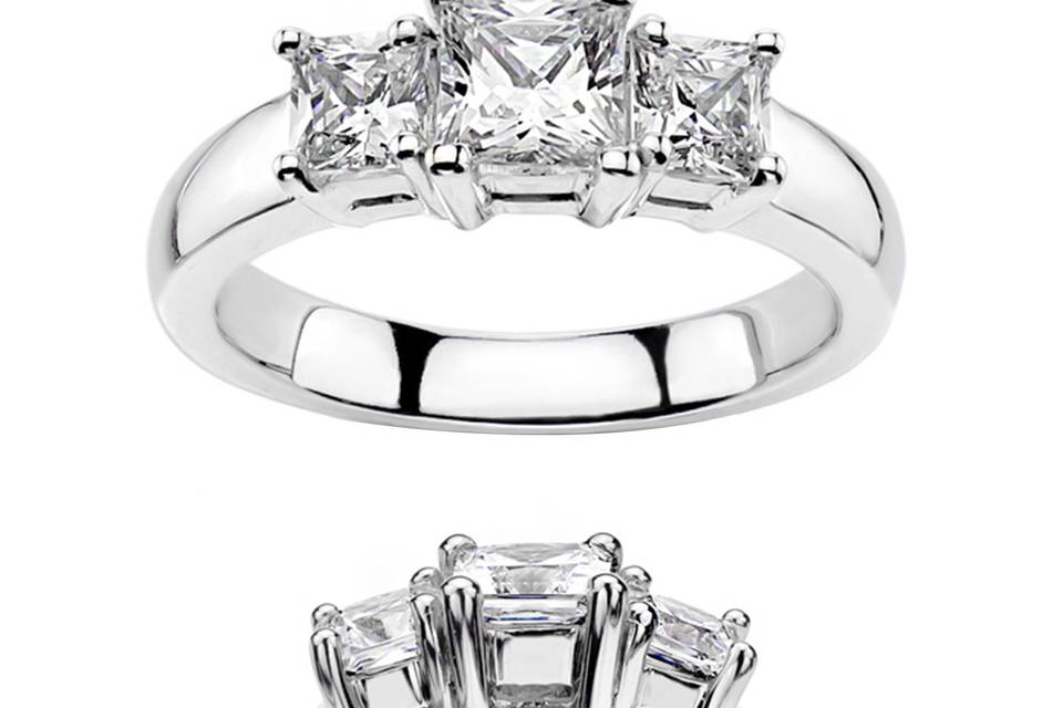 This gorgeous three stone diamond engagement ring is prong set with 2 princess cut diamonds totaling 0.54 ct.tw. The diamond ring features a 1.00 ct.tw princess cut diamond in the center. This diamond engagement ring is available in white gold, yellow gold, platinum or palladium.