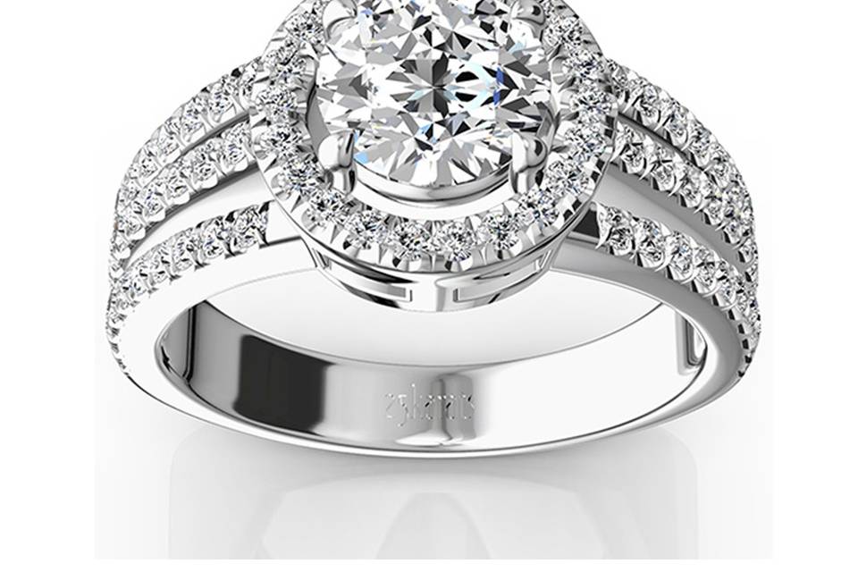 ENR9370Delightful memories will take the first step with this three way split halo engagement ring. This micro pave set engagement ring features 0.77 ct. tw. side diamonds to bring all the brilliance your choice of center stone can. This ring is available in 14k, 18k, platinum and palladium.