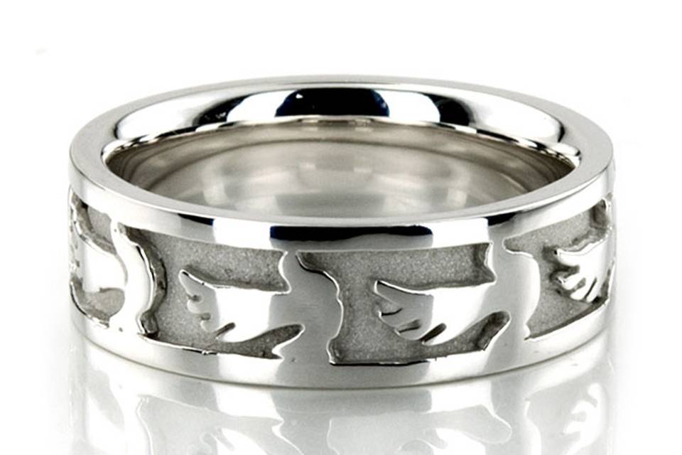 HC100291An elegant Religious piece of jewelry, this 7mm wide Christian wedding band has dove of the Holy Spirit symbol evenly spaced all around at the center. This wedding band is also available in 8, 9, 10mm, and Two Color Gold. The band is high polished, with a matte background at the center.
