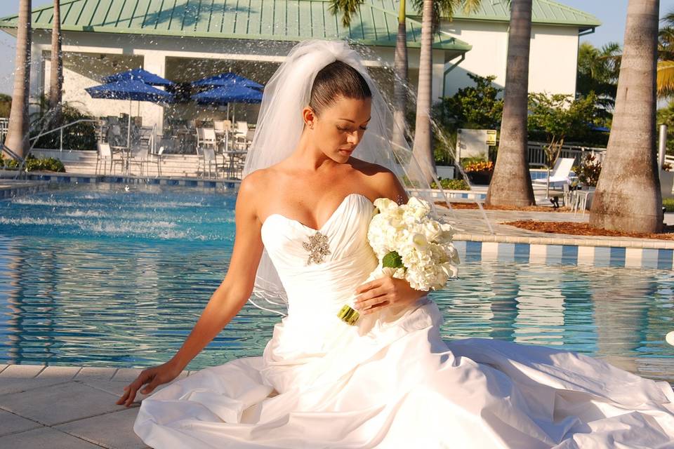 The bride on her wedding dress