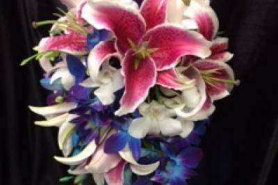 CASCADE BOUQUET- PINK ORIENTAL LILLIES, WHITE DENDROBIUM ORCHIDS, BLUE TINTED SONYA ORCHIDS