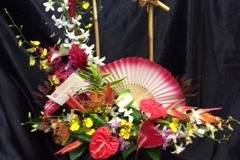 ORIENTAL DESIGN, TROPICAL=-RED GINGER HELECONIA, ANTHURIUMS, WHITE DENDROBIUMS, ONCIDIUMS, BAMBOO & FAN