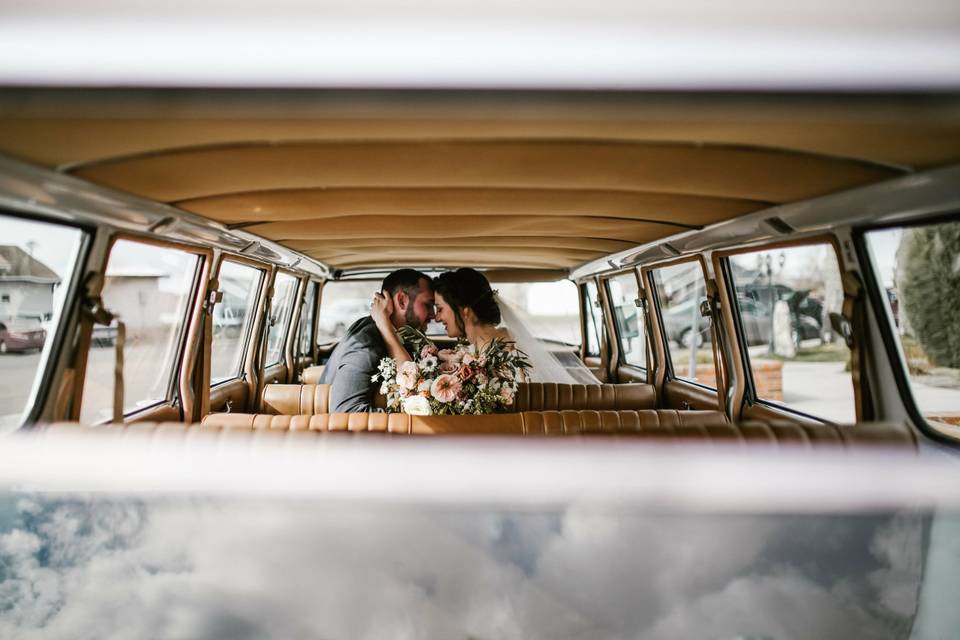 Wedding veil in back seat