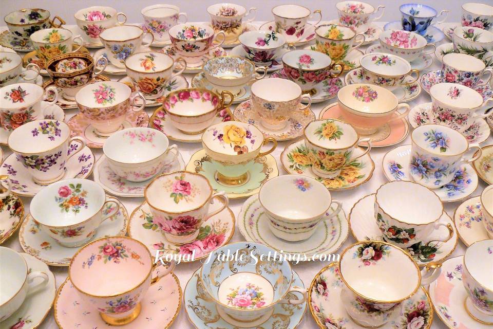We have over 250 teacups for rent! We also have unique teacups such as a wedding, birthday, anniversary, Queen Elizabeth, etc. for rent.