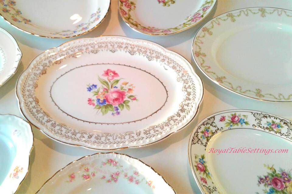Our vintage platters are perfect for serving fruits, sandwiches or main course items. Each have colorful flowers, are made from porcelain and are adorn with gold detail and/or banning.
