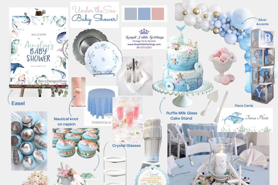 Blue baby shower mood board.