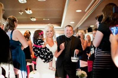 The beautiful bride, with her dad and her daughter, walking down the tim burton style aisle. (photo by vanwyhephotography.com)