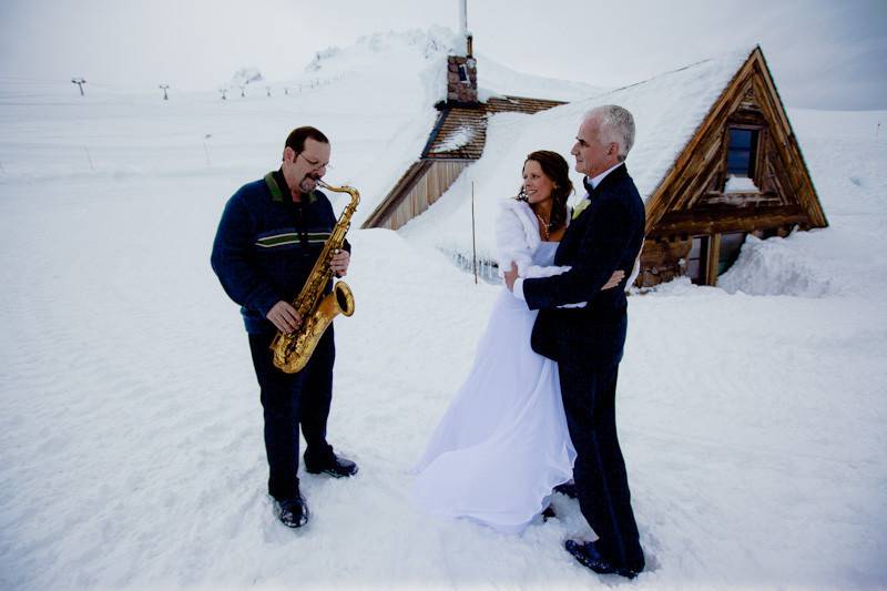 Steve Burpee (sax) and Chris Bidleman (piano) provides a wide range of music styles and can perform as a duo in nearly any setting. Here they are performing for a wedding at Silcox Hut on Mt Hood Oregon.