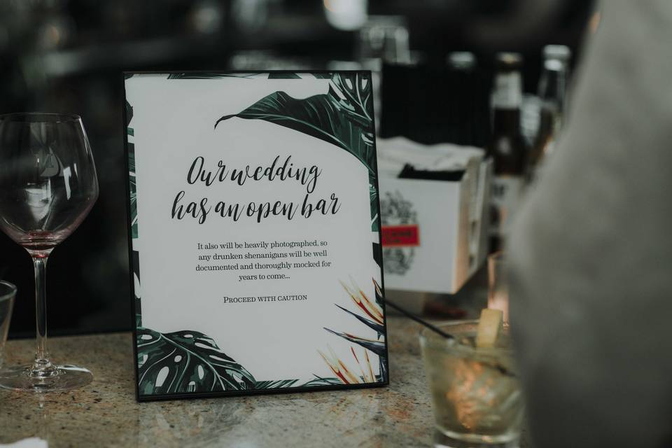 Devin and Tara, day-of details: bar sign - 2017 |  Photo courtesy of Lily Szabo Photography, she's amazing!