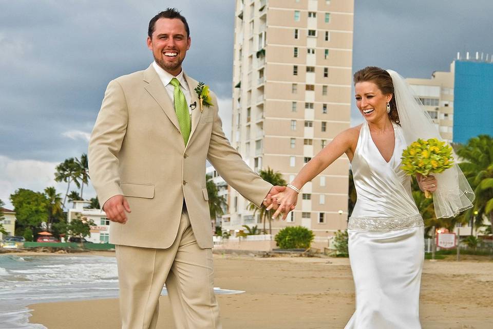 Beach stroll just married