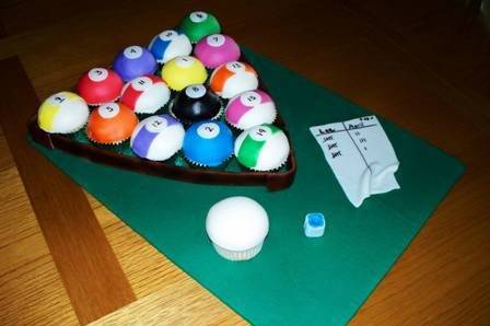 Pool ball cupcakes made of vibrant homemade marshmallow fondant, complete with a rack, chalk and score pad~all edible!