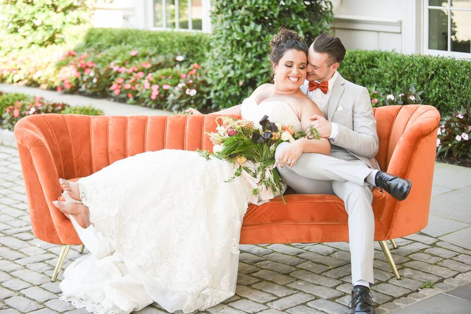 Bride and groom portrait sofa