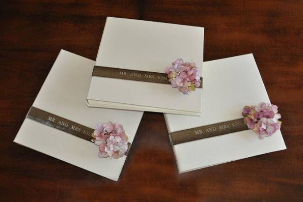 Custom Guest Books for Wedding - photo style, blank pages, can be personalized and in many color options for book, ribbon and flower styles.