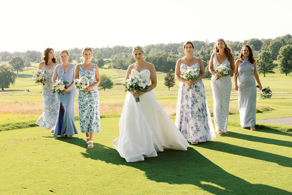 Blue and white bridesmaids