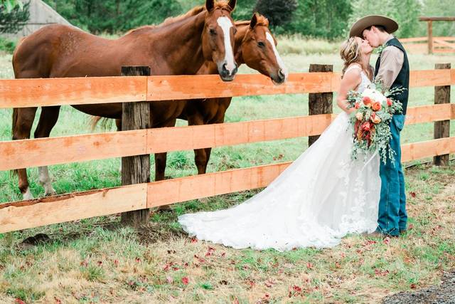 Bride and groom with horses