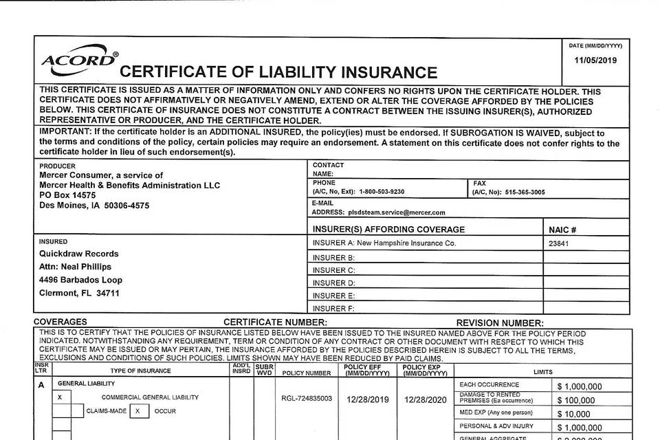 Proof of Liability Insurance