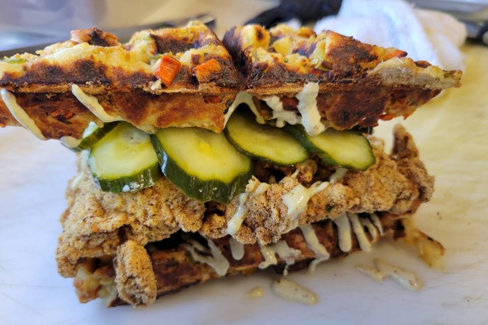 Stuffing waffle chicken sammy